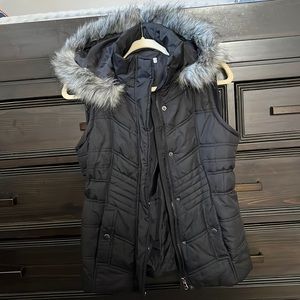 New York & company vest with fur hood. Size XS. Black/gray fur